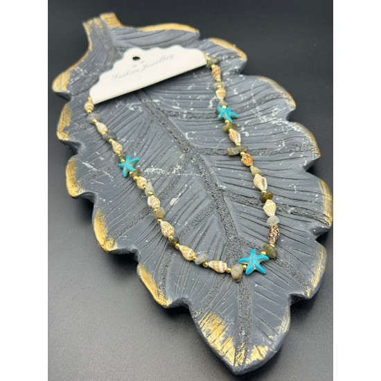 LABRADORİT TAŞI MAVİ YILDIZLI DENİZ KABUĞU KOLYE