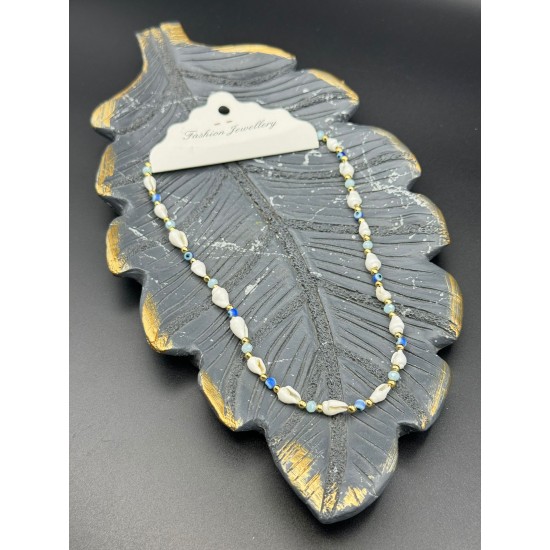 BUZ MAVİSİ KRİSTAL VE NAZAR BONCUKLU DENİZ KABUĞU KOLYE