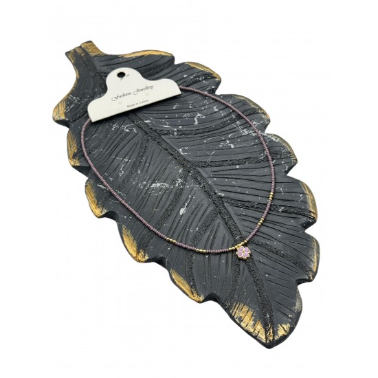 KOYU LİLA RENK YONCA MODEL KUM BONCUK KOLYE