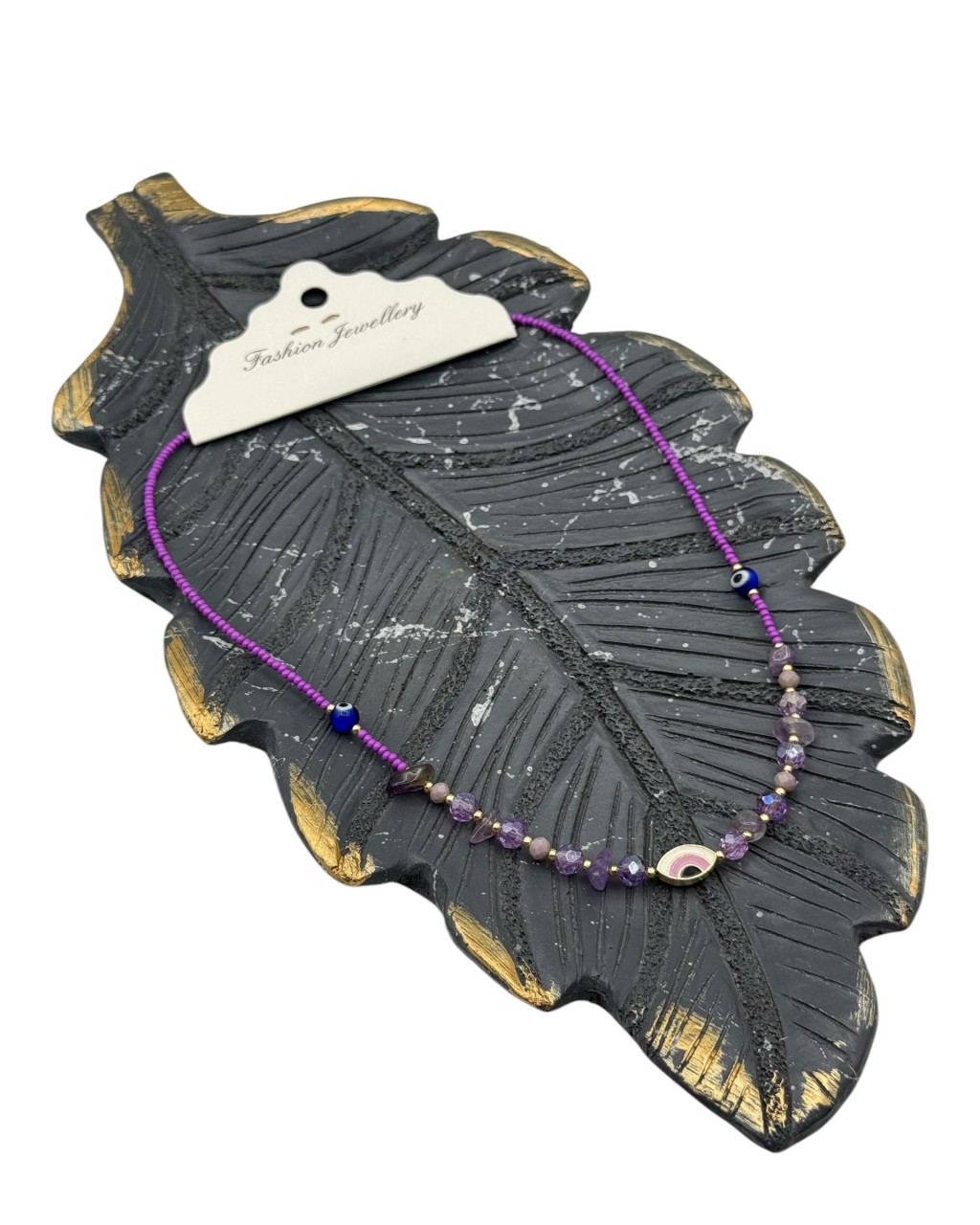 MOR RENK KRİSTAL BONCUK VE AMETİS TAŞI KUM BONCUK KOLYE