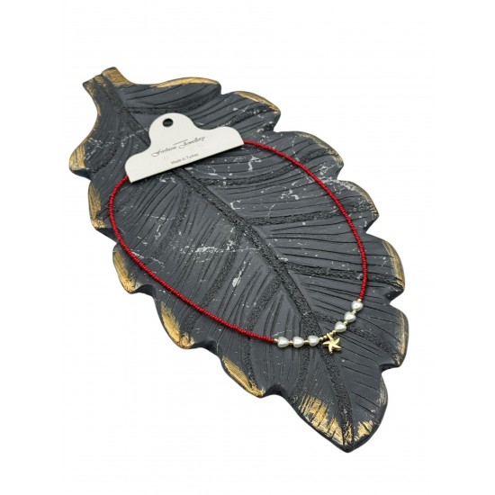 KIRMIZI RENK KALP İNCİ VE YILDIZ KUM BONCUK KOLYE