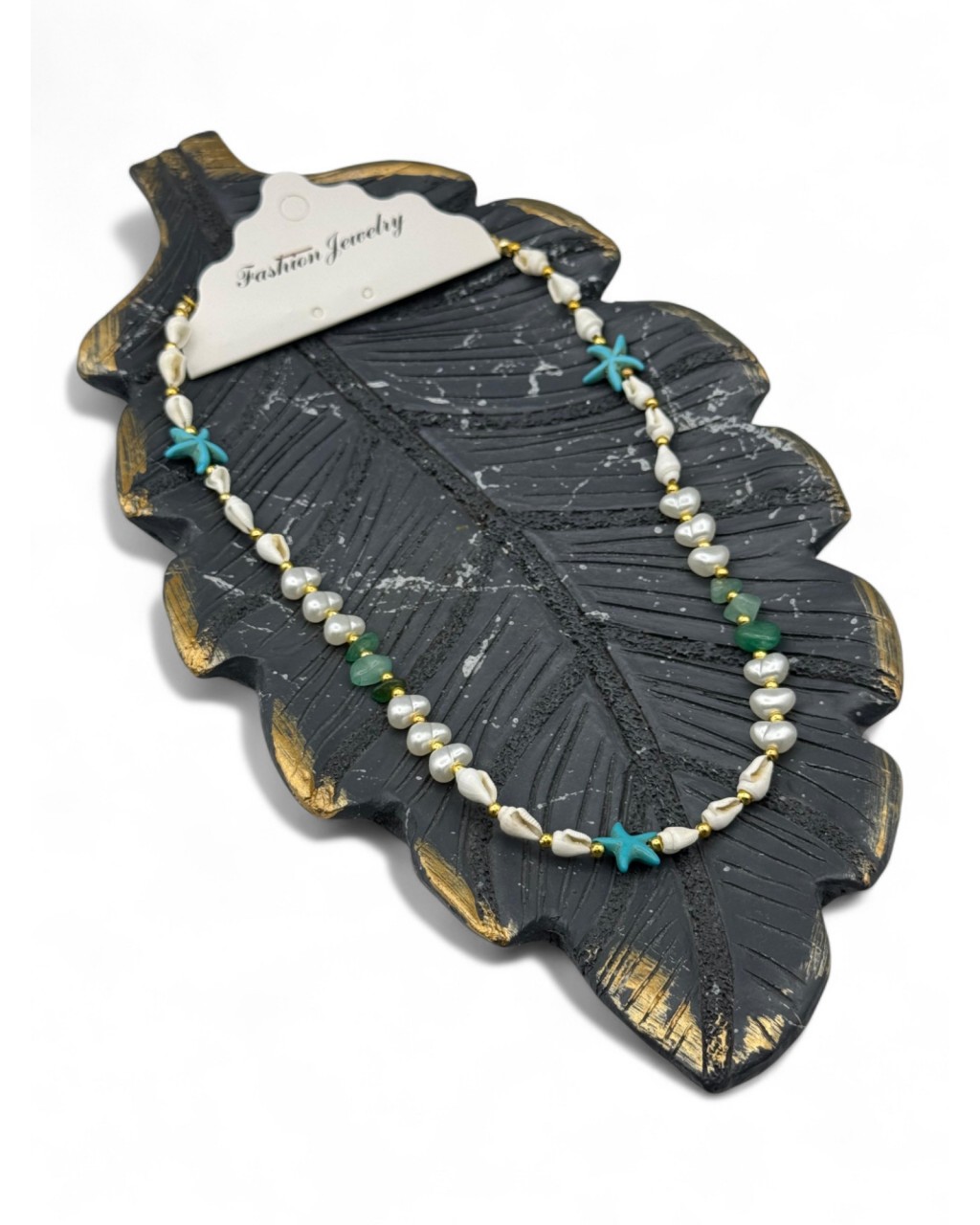 YEŞİM TAŞI İNCİ VE MAVİ YILDIZLI DENİZ KABUĞU KOLYE