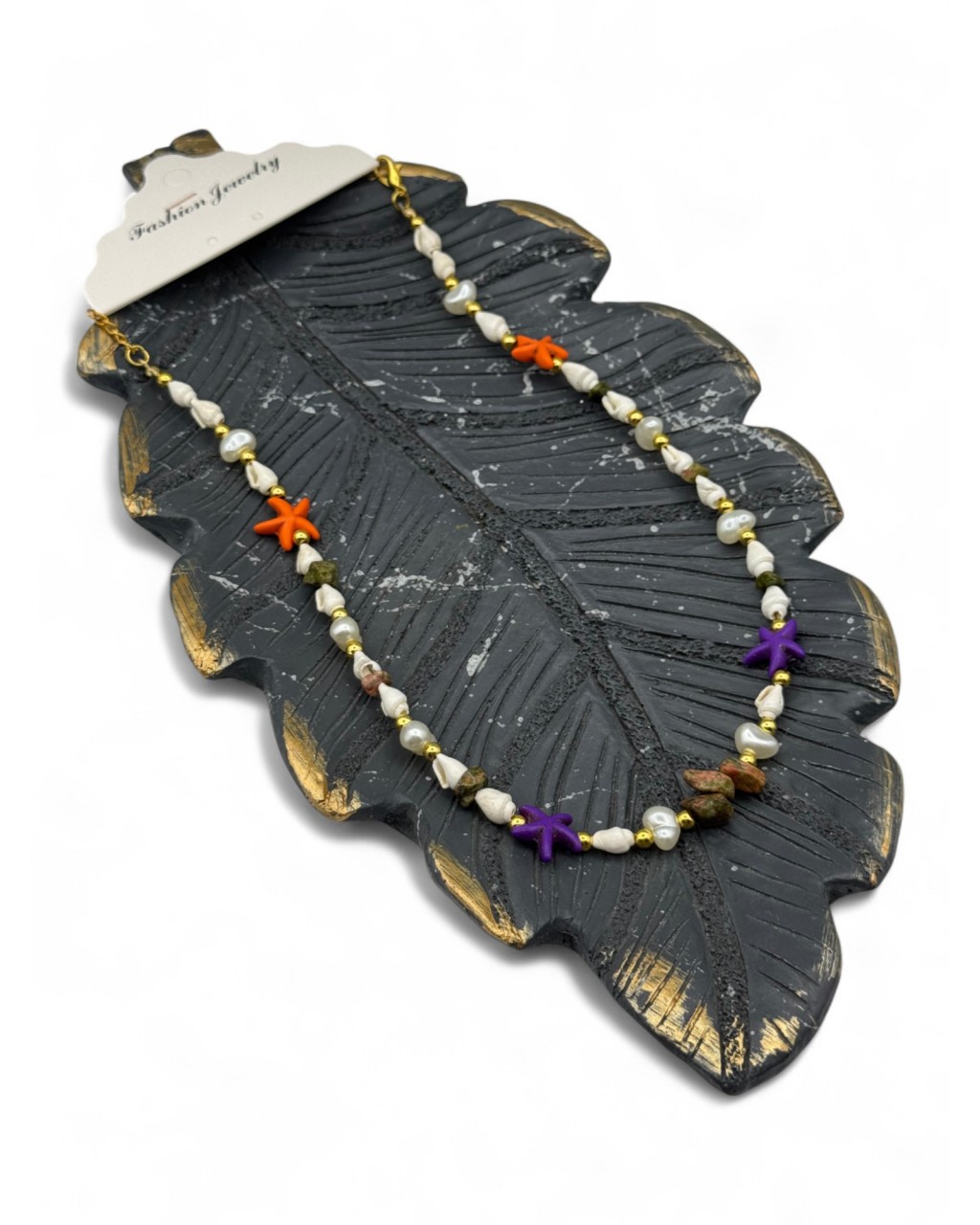 UNAKİT TAŞI İNCİLİ VE RENKLİ YILDIZLI DENİZ KABUĞU KOLYE