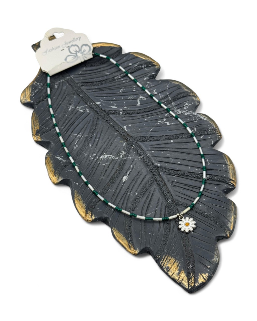 YEŞİL-BEYAZ KUM BONCUK PAPATYA MODEL KOLYE