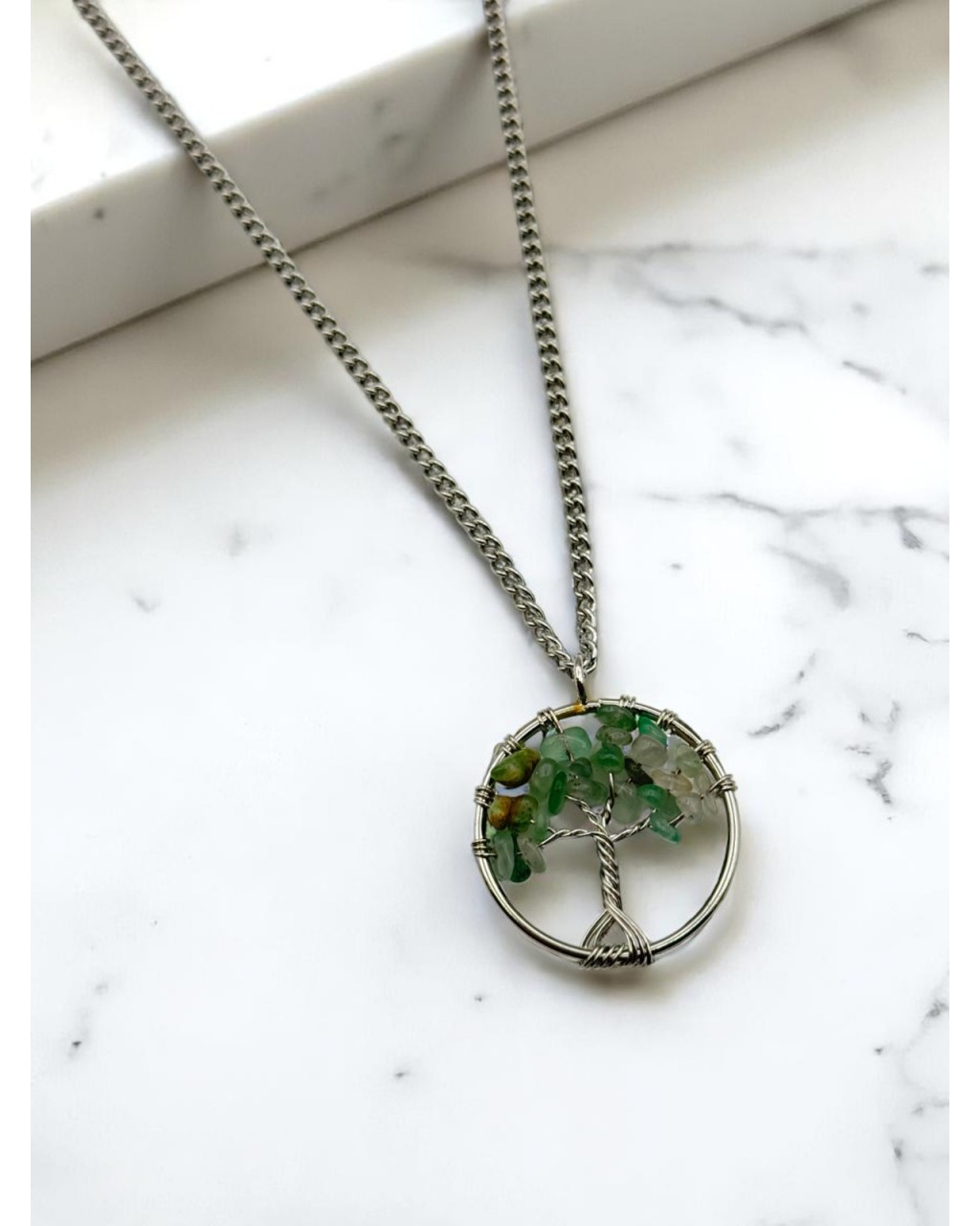 AVENTURİN TAŞI YUVARLAK HAYAT AĞACI ÇELİK KOLYE