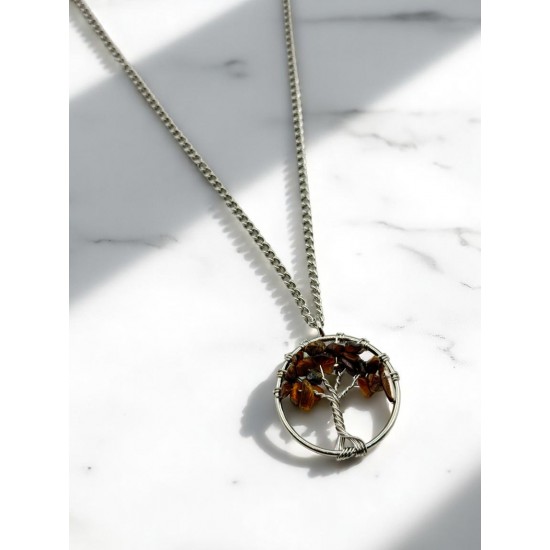 KAPLANGÖZÜ TAŞI YUVARLAK HAYAT AĞACI ÇELİK KOLYE