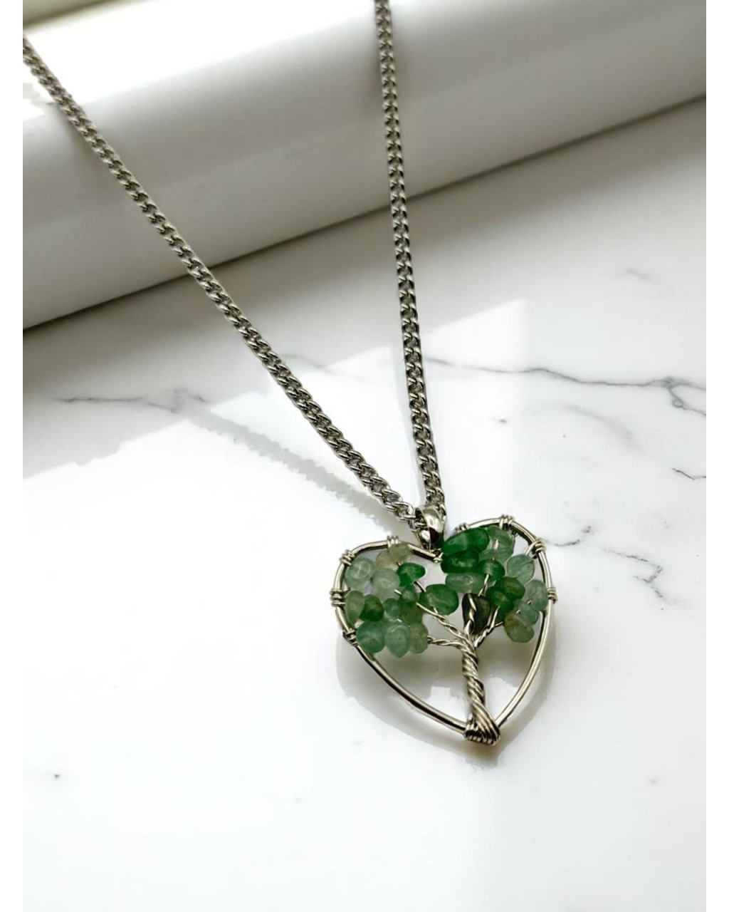 AVENTURİN TAŞI KALP HAYAT AĞACI ÇELİK KOLYE