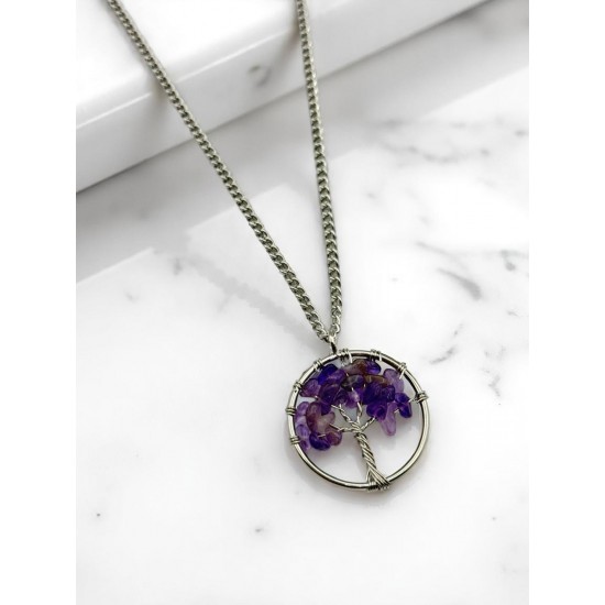 AMETİS TAŞI YUVARLAK HAYAT AĞACI ÇELİK KOLYE