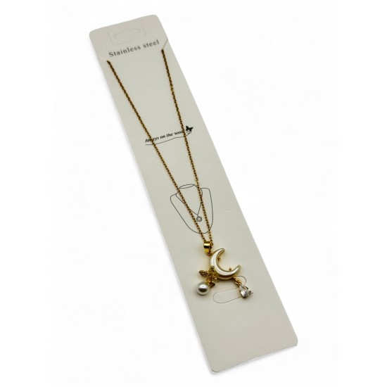 SALLANTILI AY VE KELEBEK DETAYLI GOLD RENK ÇELİK KOLYE