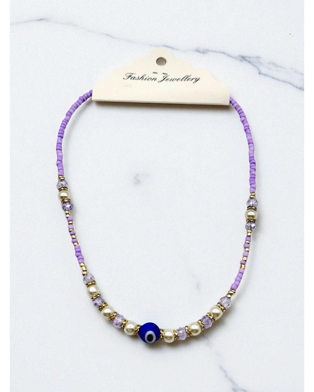 LİLA RENK KRİSTAL VE İNCİ BONCUK KUM KOLYE