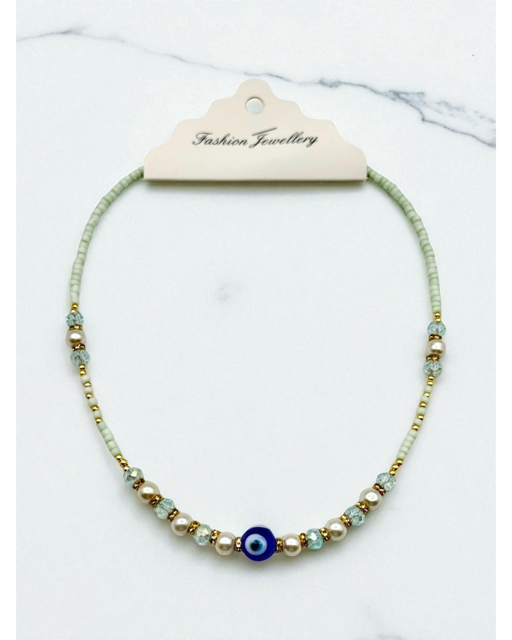 MİNT YEŞİLİ RENK KRİSTAL VE İNCİ BONCUK KUM KOLYE