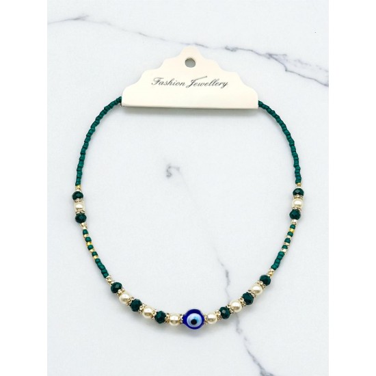 KOYU YEŞİL RENK KRİSTAL VE İNCİ BONCUK KUM KOLYE