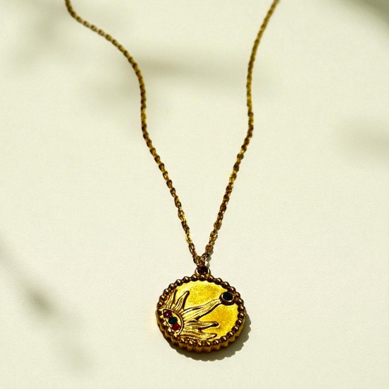GOLD RENK VİNTAGE COLOURS SUN PLAKA ÇELİK KOLYE