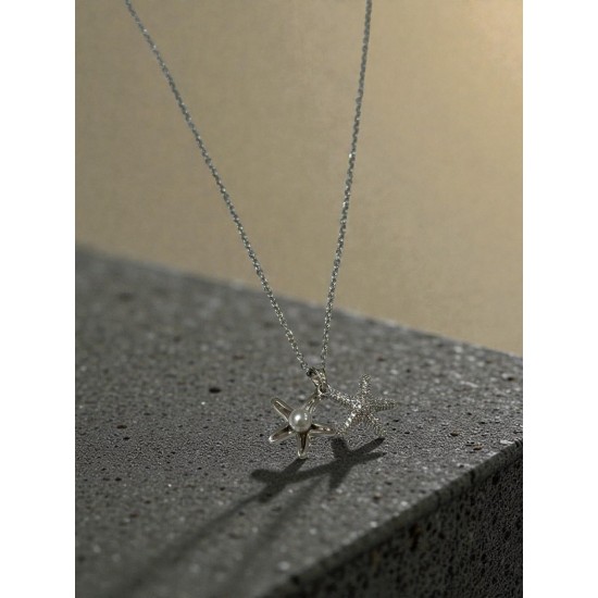 SİLVER RENK İNCİLİ YILDIZ MODEL ÇELİK KOLYE