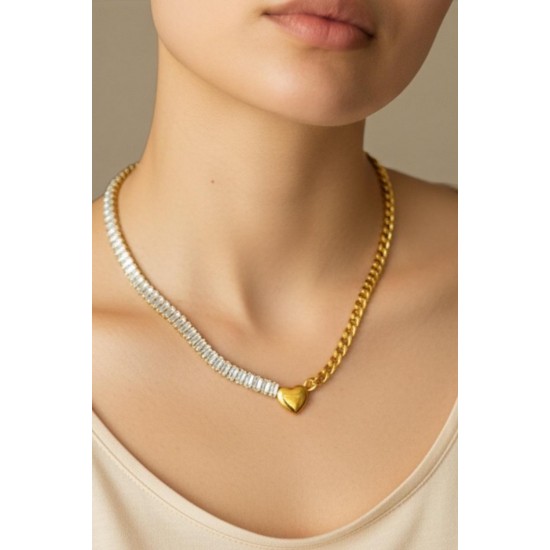 GOLD RENK SU YOLU VE ZİNCİR MODEL KALPLİ ÇELİK KOLYE