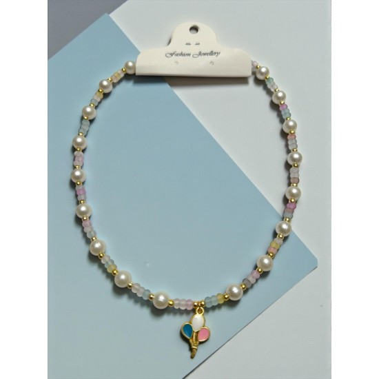 BEYAZ RENK İNCİLİ VE NUDE RENKLİ BONCUKLU RENKLİ BALON DETAY KOLYE