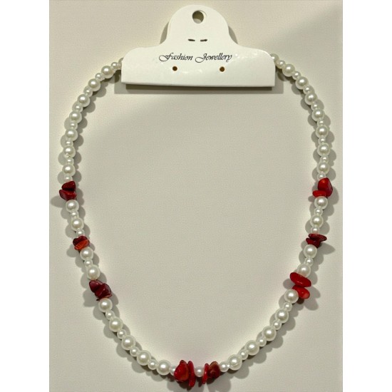 DOĞALTAŞ MERCAN TAŞI ÇELİK TEL İNCİ KOLYE