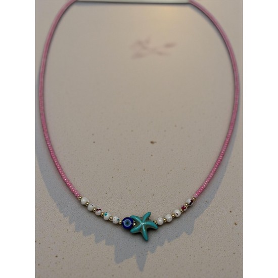 BEYAZ BONCUKLU NAZAR VE YILDIZ DETAYLI PARLAK PEMBE ÇELİK TELLİ KUM KOLYE