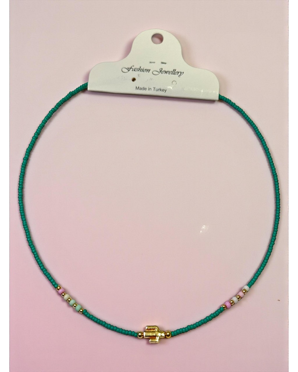 YEŞİL ORTASI YAN KAKTÜS APARATLI ÇELİK TELLİ KUM KOLYE