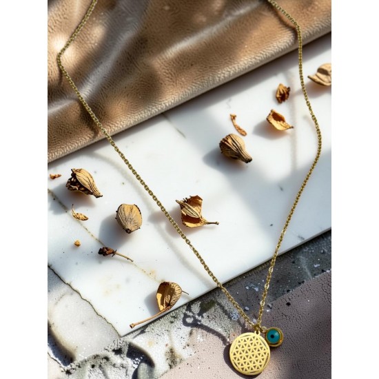 GOLD RENK NAZARLI YAŞAM ÇİÇEĞİ MODEL KOLYE
