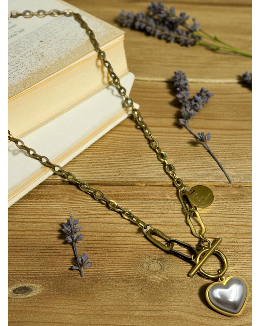 GOLD RENK İNCİ KALP MODELLİ ÇELİK KOLYE