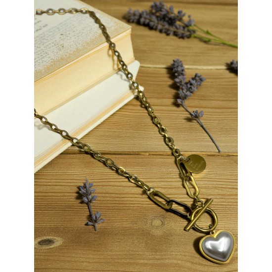 GOLD RENK İNCİ KALP MODELLİ ÇELİK KOLYE