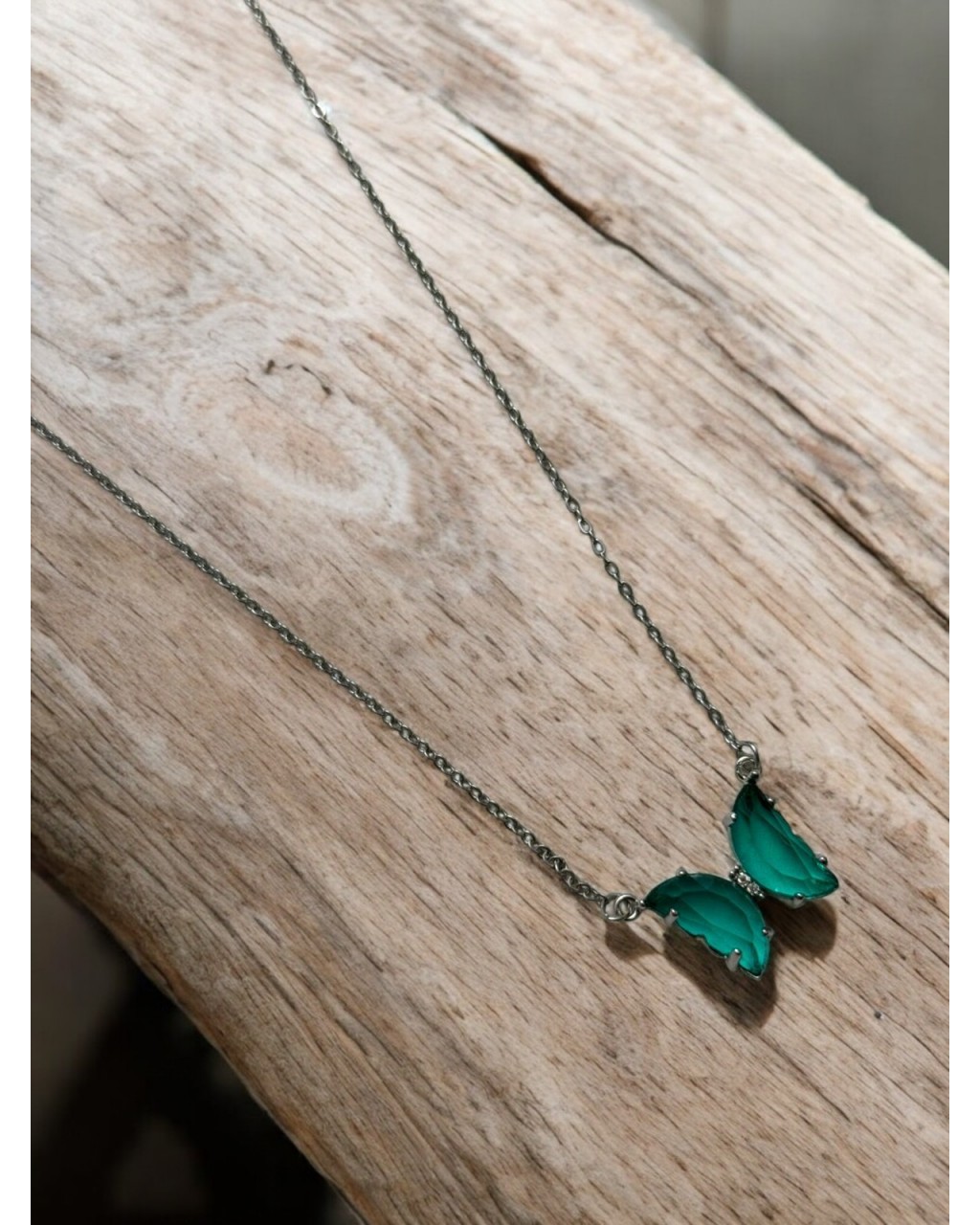 YEŞİL RENK MARİPOSA KELEBEK MODEL GÜMÜŞ ZİNCİR ÇELİK KOLYE