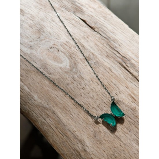 YEŞİL RENK MARİPOSA KELEBEK MODEL GÜMÜŞ ZİNCİR ÇELİK KOLYE