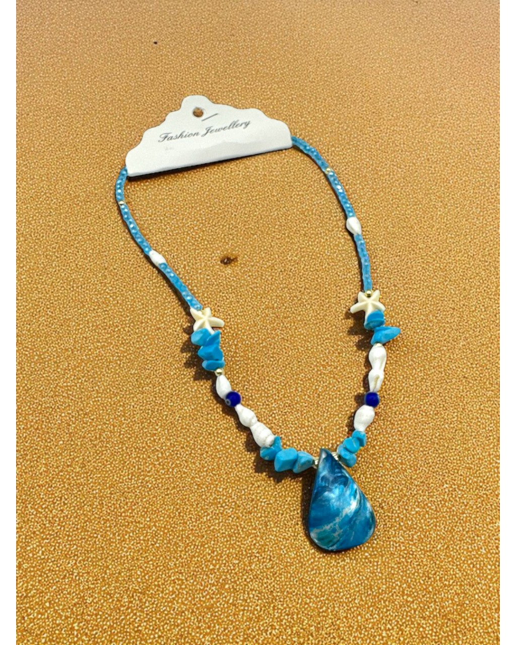 MAVİ KRİSTAL BONCUK DENİZ YILDIZI VE KABUK MODEL TURKUAZ TAŞI KOLYE