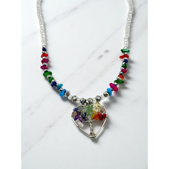 ÇAKRA TAŞLI KALPLİ HAYAT AĞACI KRİSTAL KOLYE