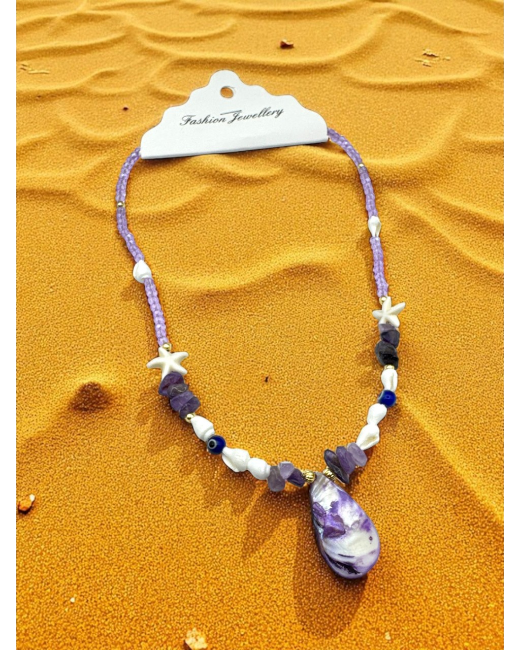 MOR KRİSTAL BONCUK DENİZ YILDIZI VE KABUK MODEL AMETİS TAŞI KOLYE