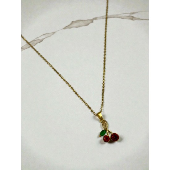 GOLD RENK TAŞLI KİRAZ MODEL ÇELİK KOLYE