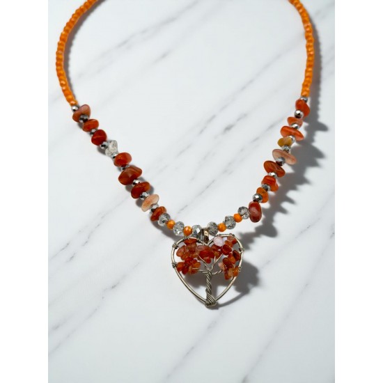 AKİK TAŞLI KALPLİ HAYAT AĞACI KRİSTAL KOLYE