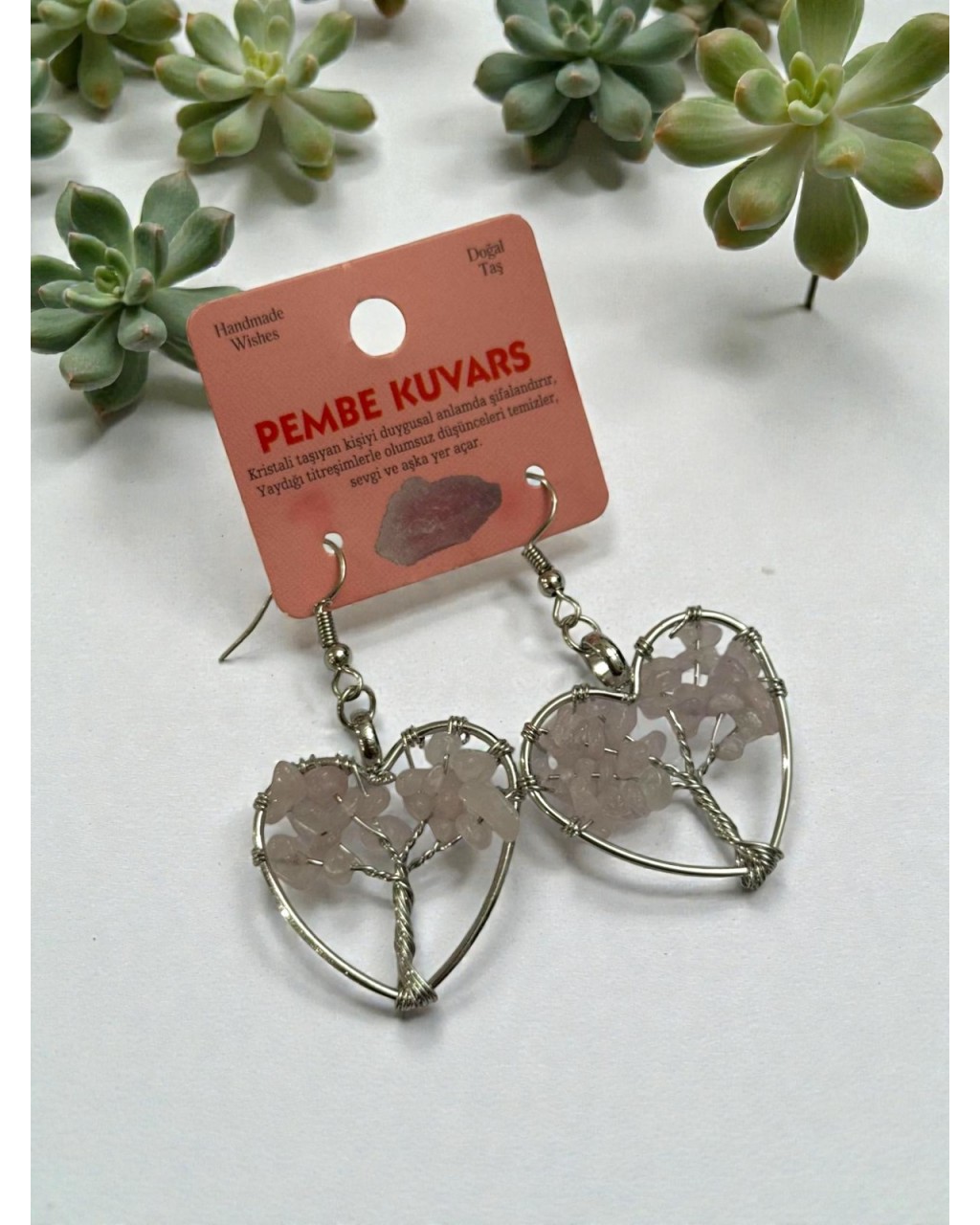 KALP MODEL HAYAT AĞACI PEMBE KUVARS TAŞI KÜPE