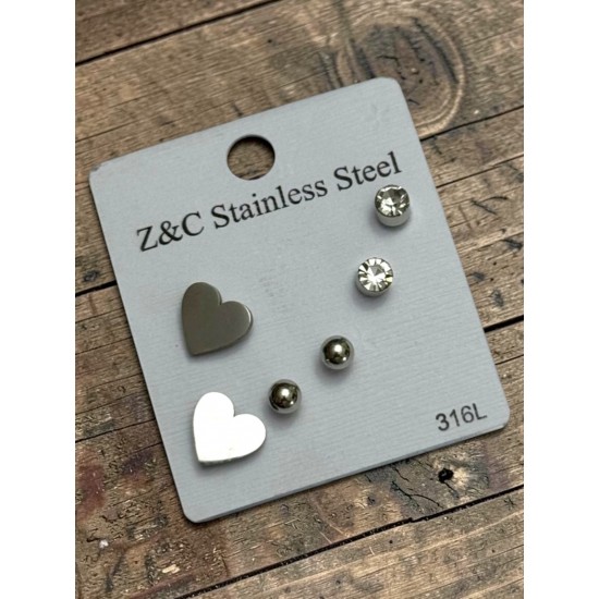 GÜMÜŞ RENK KALP MODEL ÇELİK ÇOKLU KÜPE