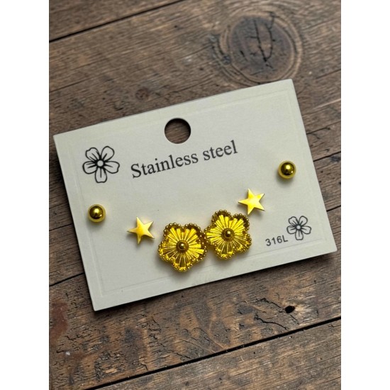 ÇİÇEKLİ MODEL SARI RENK YILDIZLI ÇELİK ÇOKLU KÜPE