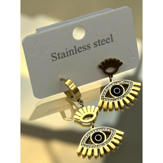 GOLD RENK ZİRKON TAŞLI GÖZ MODEL SALLANTILI ÇELİK KÜPE