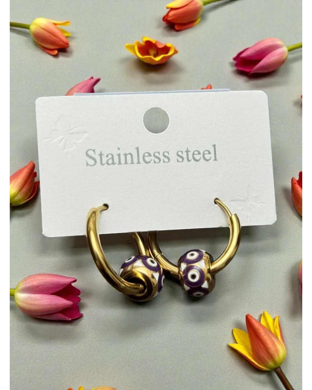 GOLD RENK SALLANTILI BORDO NAZARLI ÇELİK KÜPE