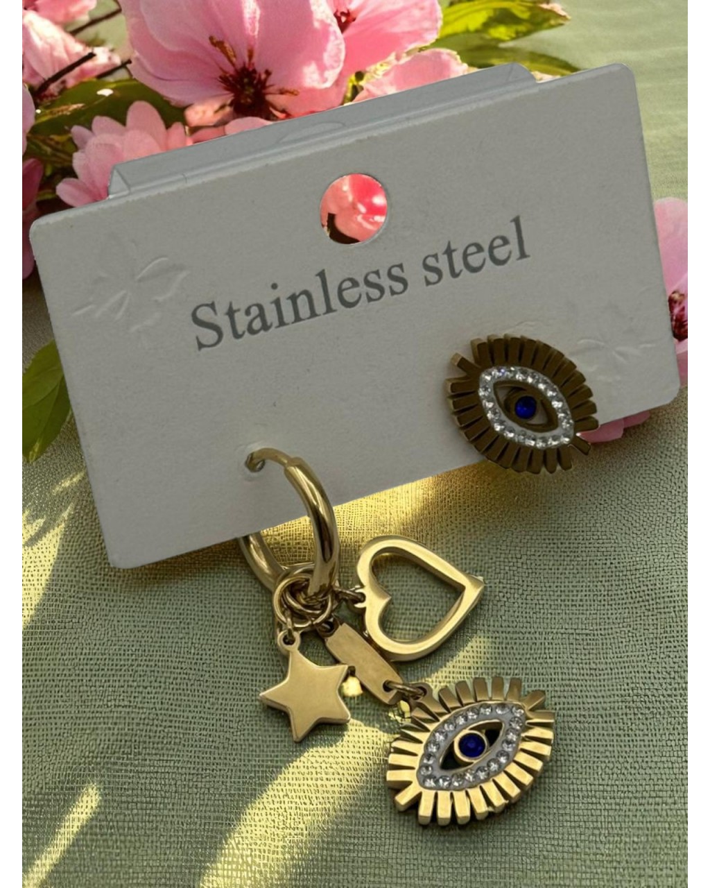 GOLD RENK ZİRKON TAŞLI GÖZ MODEL ÇOKLU SALLANTILI ÇELİK KÜPE