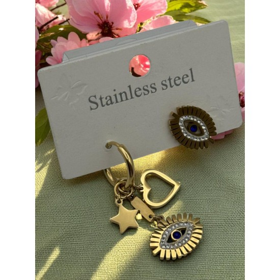 GOLD RENK ZİRKON TAŞLI GÖZ MODEL ÇOKLU SALLANTILI ÇELİK KÜPE