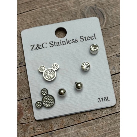 GÜMÜŞ RENK MİKİ MODEL ÇELİK ÇOKLU KÜPE