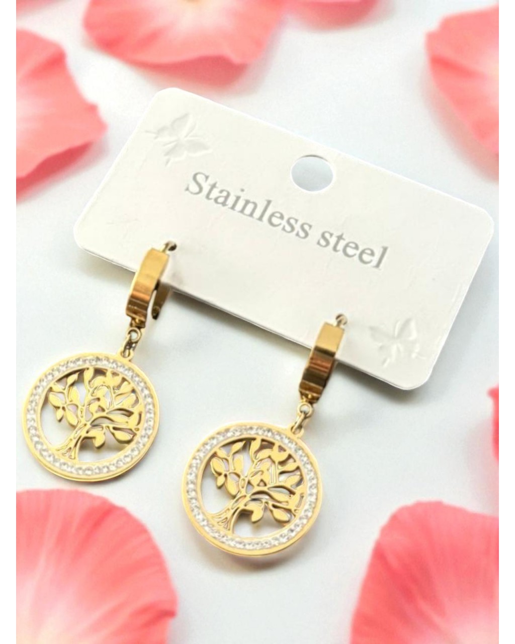 GOLD RENK ZİRKON TAŞLI HAYAT AĞACI MODEL ÇELİK KÜPE