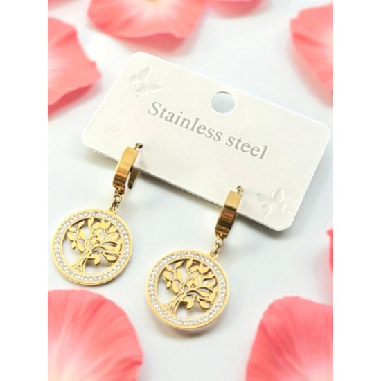 GOLD RENK ZİRKON TAŞLI HAYAT AĞACI MODEL ÇELİK KÜPE