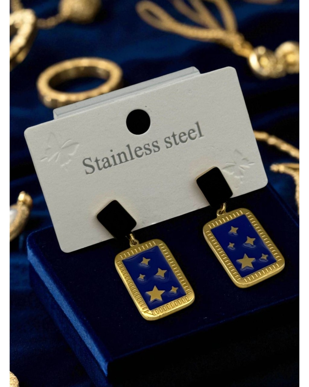 GOLD RENK YILDIZ MODEL LACİVERT DİKDÖRTGEN ÇELİK KÜPE