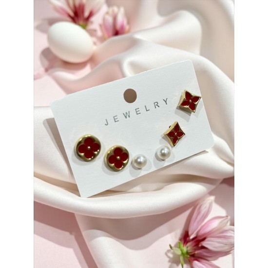 KIRMIZI YONCA VE İNCİLİ MODEL 3LÜ KÜPE