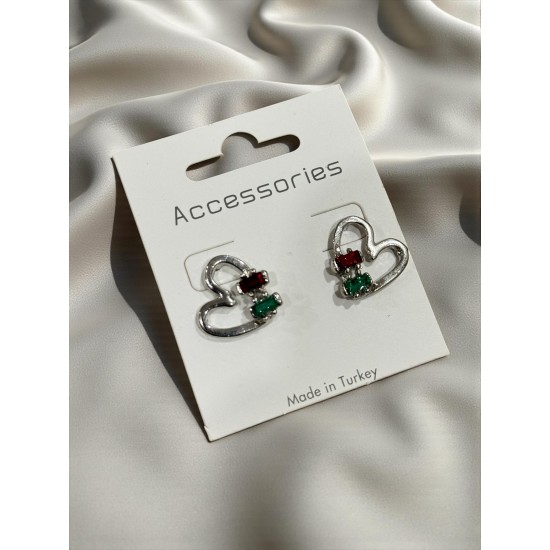 SİLVER RENK RENKLİ TAŞLI KALP MODEL KÜPE