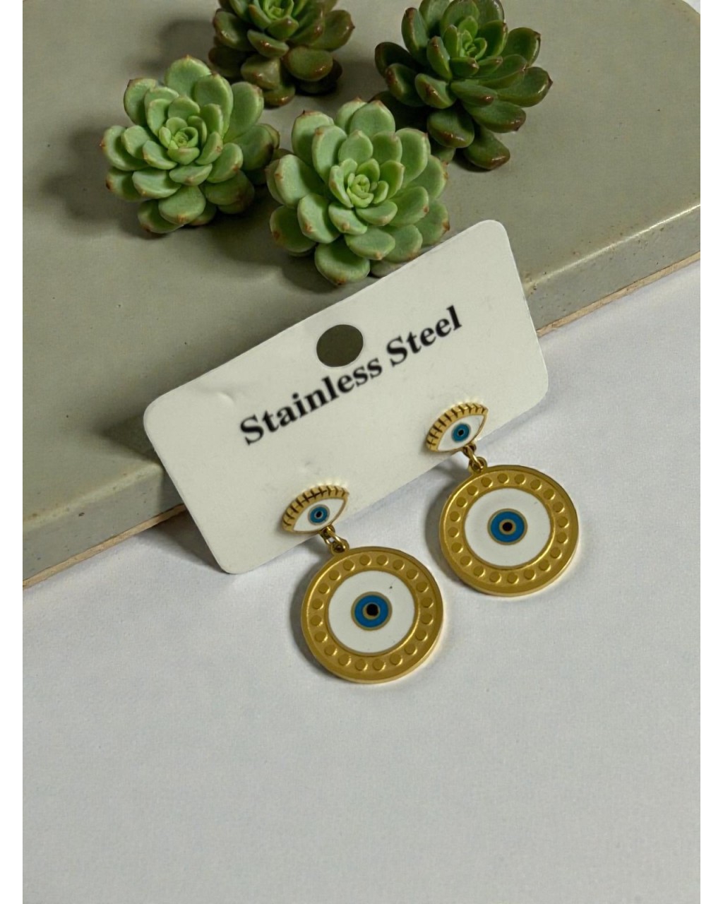 GOLD RENK GÖZ VE NAZARLI SALLANTILI ÇİFT KÜPE