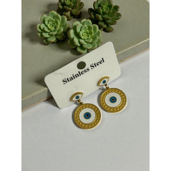 GOLD RENK GÖZ VE NAZARLI SALLANTILI ÇİFT KÜPE