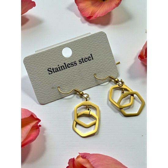 İÇİÇE GEÇMELİ ALTIGEN SALLANTILI GOLD ÇELİK KÜPE