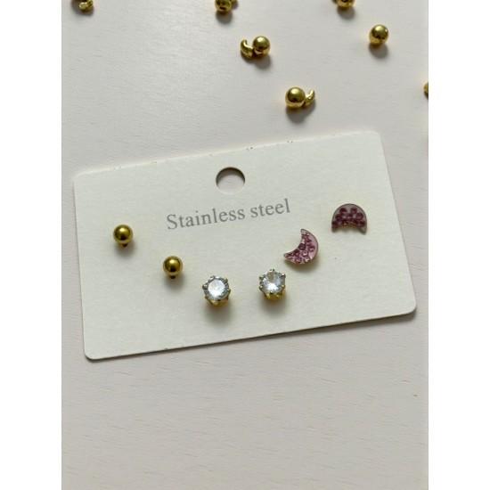 GOLD RENK KARIŞIK MODELLİ 3 ÇİFT ÇELİK KÜPE2